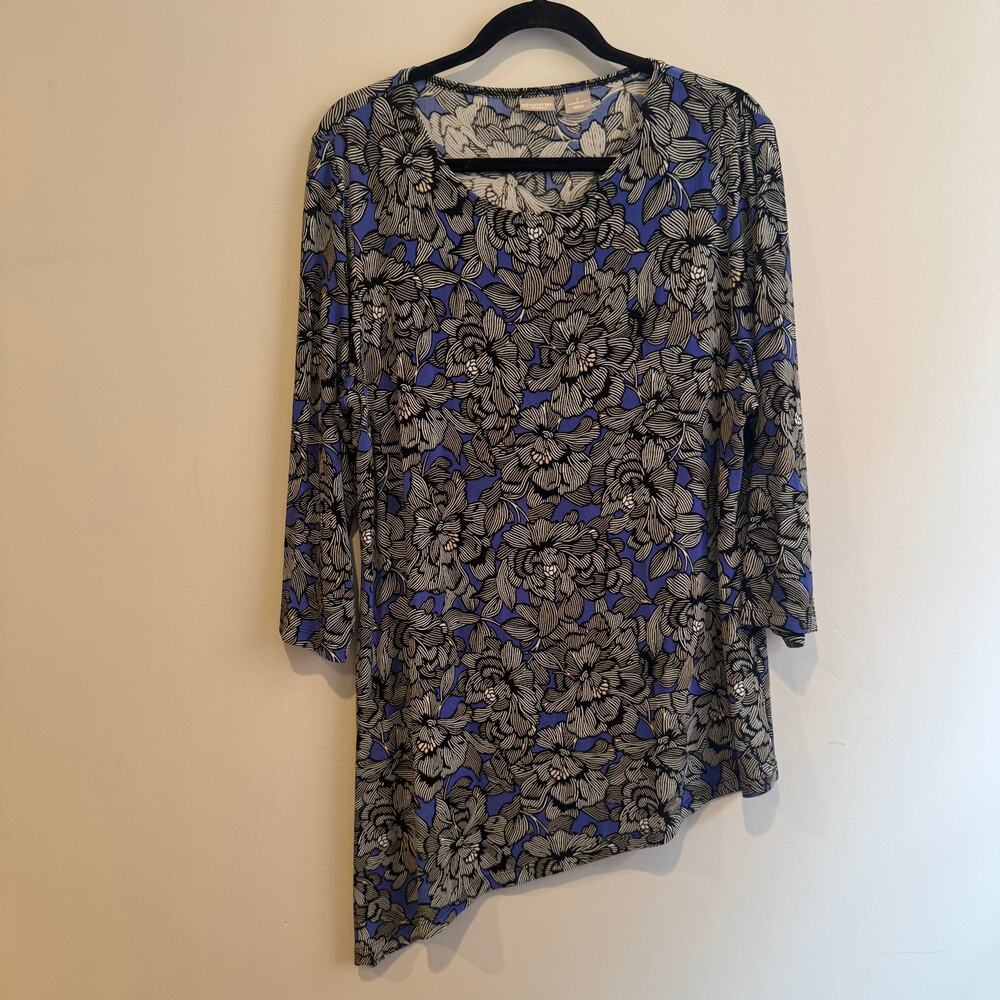 Chico's Travelers Asymmetrical Floral Top Multicolor Pullover 3/4 Sleeve Sz 2/L